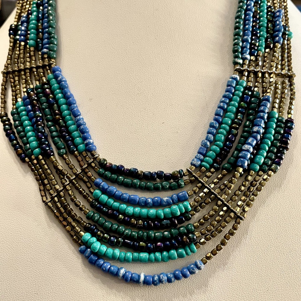 4 for $20 Sale Blue & Gold Bohemian Seed Bead Layered Necklace - Picture 6 of 7